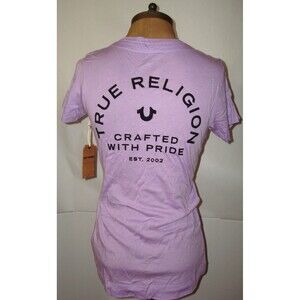 New Womens Designer True Religion Jeans Beaded Purple Lavender Top S Logo SS USA